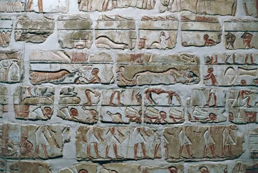 Egypte, Thebe, Luzor, Tempels van Karnak, Talatat-muur van de tempel van Amenhotep IV