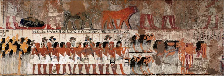 Egyptische oudheid: begrafenisscène met rouwenden. Graf van Ramose (1411-1375 v.Chr.), gouverneur van Thebe en vizier, begin van het bewind van Amenophis IV. Necropolis van Gournah (Sheikh Abd el-Gournah), Egypte - Oude Egypte: rouwenden bij een begrafenis