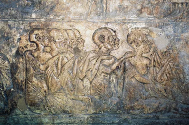 Buitenlandse gasten presenteren geschenken aan koningin Nefertiti, bas-reliëf uit het graf van Merire, Necropolis van Tell el-Amarna, Egypte, Egyptische beschaving, Nieuwe Rijk, Dynastie XVIII