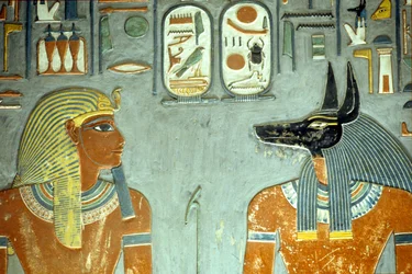 Horemheb en Anubis, uit het Graf van Horemheb (ca. 1323-1295 v.Chr.) Nieuwe Koninkrijk (muurschildering) (detail)