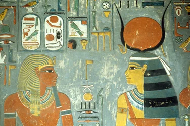 Horemheb en Hathor, uit het Graf van Horemheb (ca. 1323-1295 v.Chr.) Nieuwe Koninkrijk (muurschildering) (detail)