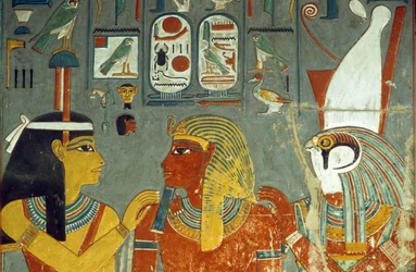 Horus, Horemheb en Hathor, uit het graf van Horemheb (ca.1323-1295 v.Chr.) Nieuwe Koninkrijk