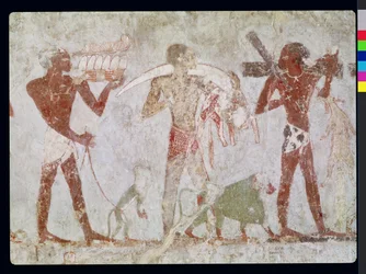 Koesjieten die schatting van goud, ivoor en dierenhuiden dragen, uit het graf van Rekhmire, vizier van Thoetmosis III en Amenhotep II, Nieuwe Rijk
