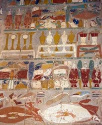 Offer- en parfumvaten tussen Anubis en Hatsjepsoet, muurschildering, Kapel van Anubis, Dodentempel van Hatsjepsoet, Deir el-Bahari, Thebaanse Necropolis (Unesco Werelderfgoedlijst)