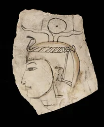 Ostracon met portret van farao Amenhotep I, vereerde beschermheer van de ambachtslieden van Deir el Medina ...