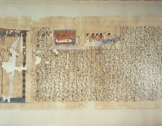 Papyrus die het transport van een sarcofaag op een door ossen getrokken wagen toont, uit het Dodenboek van Maiherperi