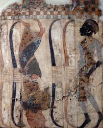 Gevangenen van veroverde landen, geschilderd op materiaal uit het graf van Toetanchamon, Egyptische beschaving, Nieuwe Koninkrijk, Dynastie XVIII, Detail (gezicht)