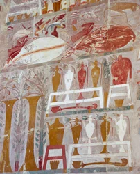 Voorzieningen en aardewerk aangeboden aan de goden door koningin Hatsjepsoet, geschilderd reliëf, Kapel van Anubis, Dodentempel van koningin Hatsjepsoet, ook bekend als Djeser-Djeseru, Deir el-Bahri, Thebe. Egyptische beschaving, Nieuwe Rijk, Dynastie XVII