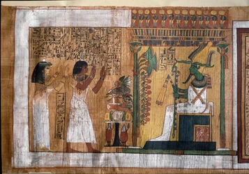 De overledene Kha en zijn vrouw Merit aanbidden Osiris, heer van het hiernamaals - Papyrus uit het Dodenboek, uit de grafkamer van architect Kha