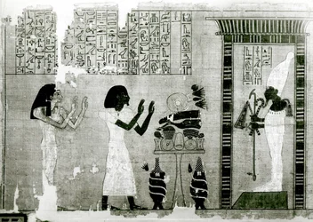 De overledene vergezeld door zijn zus gaan eer betuigen aan Osiris (detail)