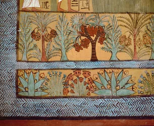 Bomen, cactussen en planten in een religieus schilderij van de gewelfde grafkamer van Sennedjem (No