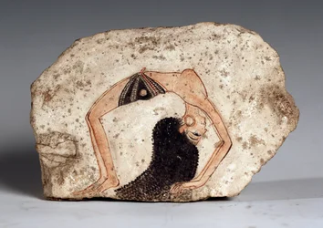 Een vrouwelijke acrobatische danseres, Ostrakon. Kalksteen, circa 1295-1186 v.Chr.