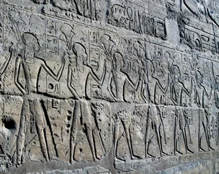 Personages die mijnbouwdistricten symboliseren brengen hun eerbetoon aan god, reliëf, Ramesses II Binnenplaats, Tempel van Amon (Unesco Werelderfgoedlijst)
