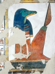 Krokodil-hoofdige bewaker van de derde poort naar het Koninkrijk van Osiris, hoofdstuk 146 van het Dodenboek, fresco, grafkamer, Graf van Nefertari, Vallei der Koninginnen, Thebe. Egyptische beschaving, Nieuwe Rijk, Dynastie XIX.