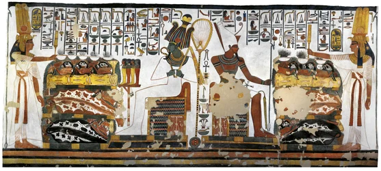 Egypte, Thebe, Luxor, Vallei der Koninginnen, graf van Nefertari, bijgebouw van voorvertrek, muurschilderingen, koningin offert voor Osiris en Atum