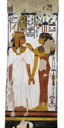 Egypte, Thebe, Luxor, Vallei der Koninginnen, Graf van Nefertari, muurschildering van godin Isis en koningin op pilaar in grafkamer uit de 19e dynastie
