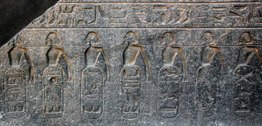 Egyptische oudheid: detail van een reliëf dat de emblemen van de door farao Ramses II (1292-1186 v.Chr.) veroverde gebieden versiert. Tempel van Luxor. Oostelijke oever (Thebe), Egypte
