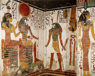 Nefertari wordt voor de god Re-Horakhty gebracht door Horus, uit het graf van Nefertari, Nieuwe Koninkrijk