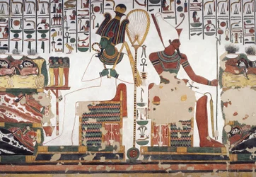 Osiris en Atum, fresco, oostmuur, oostelijke zijkamer, Graf van Nefertari (QV66), Vallei der Koninginnen, Thebe (Unesco Werelderfgoedlijst)