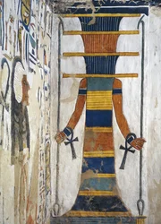 Osiris als een djed-zuil met een was-scepter in elke hand en een ankh aan elke pols (detail)