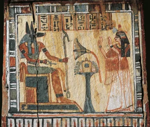 Geschilderde houten doos met afbeelding van overledene en god Anubi, voor shabtis van Tamutnofret
