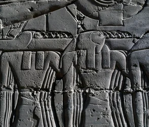 Priester met havikmasker (detail) van scène die Ramses II voorstelt voor heilige boot, reliëf, binnenmuren van Grote Hypostyle Hal, Karnak tempelcomplex (Unesco Werelderfgoedlijst)