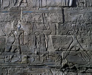 Koningin Hatsjepsoet voor God Amon, detail van scènes van offers aan goden, reliëf, binnenmuren van de Grote Hypostyle Hal, Karnak tempelcomplex (Unesco Werelderfgoedlijst)