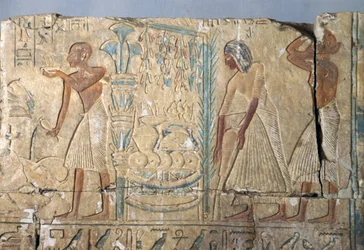 Reliëf uit het Graf van Netcherouymes, hoge ambtenaar van Ramses II, Saqqara, Egypte, Egyptische Beschaving, Nieuwe Koninkrijk, Dynastie XIX