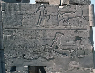 Slag van Seti I tegen Palestina, reliëf, oostelijke buitenmuur van Grote Hypostyle Hal, Karnak tempelcomplex (UNESCO Werelderfgoedlijst)