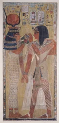 De godin Hathor plaatst de magische kraag op Seti I (ca. 1394-1279 v.Chr.), uit het graf van Seti I in de Vallei der Koningen, Nieuwe Rijk