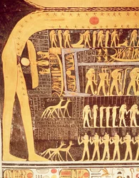 Detail uit het Boek van de Dag van het plafond van de grafkamer van het graf van Ramses VI (r.1143-1136 v.Chr.) Nieuwe Koninkrijk (muurschildering)