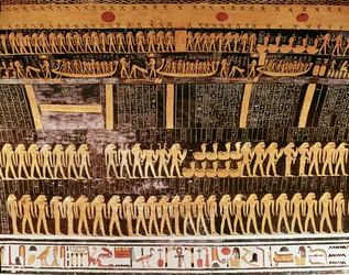 Detail uit het Boek van de Dag van het plafond van de grafkamer van het graf van Ramses VI (r.1143-1136 v.Chr.) Nieuwe Koninkrijk (muurschildering)