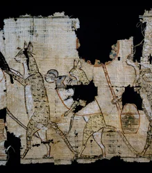 Papyrus met satirische scène, ca. 1100 v.Chr., daterend uit het bewind van Ramses IX, detail, Egyptische beschaving, Nieuwe Rijk, Dynastie XX
