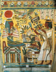Sarcophagus van Ankt Ef Rhonson, schrijver van de Tempel van Amon, interieur detail: de overledene biedt bloemen aan de god van het Westen, Nieuwe Koninkrijk, Dynastie XX