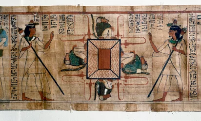 Egyptische antiquiteit: Meer van Vuur naar de Hel. Papyrus uit een Dodenboek. Papyrus van de 21e dynastie