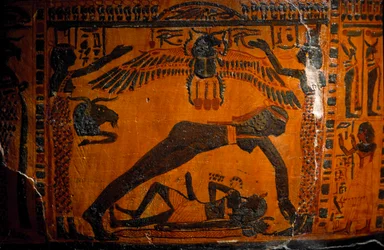 Egyptische oudheden: sarcofaag van beschilderd hout van Boutehamon (Butehamon), koninklijk schrijver. Uit Thebe. 21e dynastie. 990-970 v.Chr. Detail dat de schepping van de wereld voorstelt: Nout, de godin van de Hemel, scheidt zich van Geb, de god van de