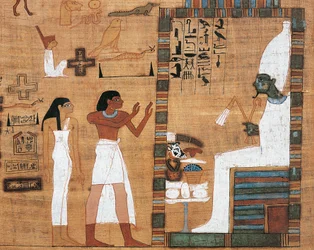 Papyrus met een echtpaar voor het gerecht van Osiris