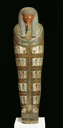 Mummie cartonnage van Nespanetjerepenere, mogelijk uit Thebe, Derde Tussenperiode (beschilderd linnen of papyrus gemengd met pleister)