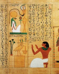 Mythologisch papyrus van Imenemsauf, Hoofddrager van Amon. Detail: hymne aan de zon Ra als een vogel