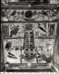 Twee overleden figuren geschilderd op de zijkant van het vat van de mummies van Tet-Hov en Nes-Chonsu (sarcophagus)