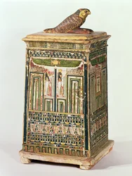 Canopische kruikendoos, uit Saqqara, Late Periode (polychroom en verguld hout)