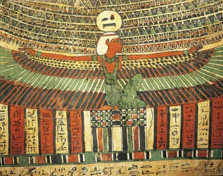 Gepleisterd en beschilderd hout toont godin Nut die een valse deur beschermt die leidt naar het hiernamaals, uit sarcofaag van Tashakheper, Thebe