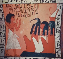 Grafschildering die de overledene toont voor Osiris, Isis en Thoth