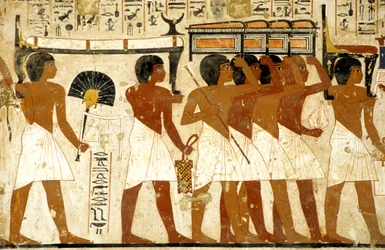 Oud Egypte, schildering, begrafenisstoet, graf van Ramose, mannen die schatten dragen, Thebe, Vallei der Edelen