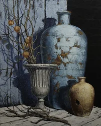 Stilleven in verweerd blauw