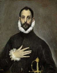 Spanish:  El caballero de la mano en el pecho De edelman met zijn hand op zijn borst