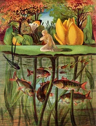 Duimelijntje zeer treurig op het blad van de waterlelie, in „Thumbkinetta“ uit de Sprookjes van Hans Christian Andersen, 1872
