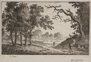 Landschap met een meer op de achtergrond