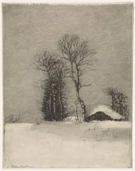 Winterlandschap met boerderij en bomen