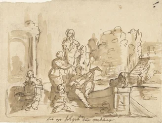 Allegorie met musicerende figuren in een tuin
